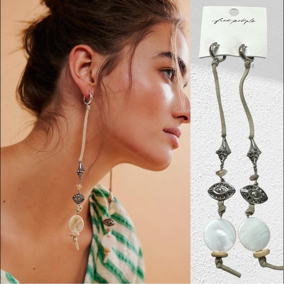 Free People Treasure Dangles Earrings Tan Neutral Bohemian Gypsy Evil Eye Shell - Picture 1 of 13